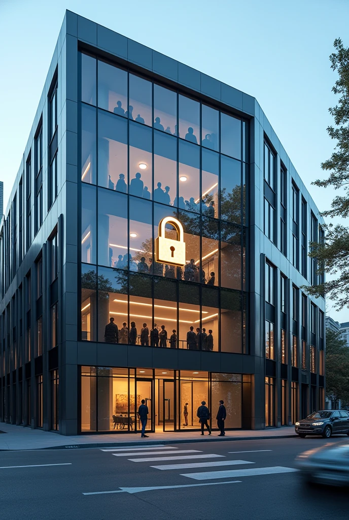 A large company with two-story employees with a closed padlock design on the front, American construction and architecture, with the first and second floor glazed, the company is a technology company, Company name= "Alfred segurity 🔒"