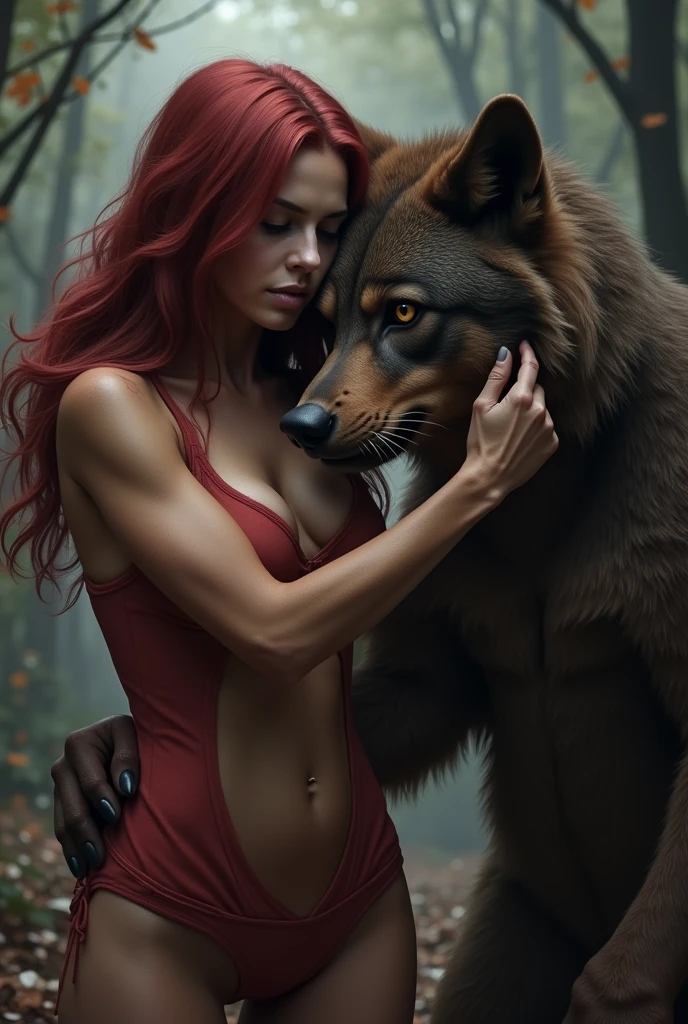 Depicts a powerful werewolf hugging a blonde girl,(((black humanoid wolf))),(((Black furry humanoid wolf))),(((beautiful sexy girl))),(((Girls wear:red head band, cloaks, Large bra, a skirt, red long skirt,laced dress))),((Sexual suggestiveness)),Correct anatomy,Detailed faces, A detailed eye,(((the right proportions))),The city at night,The lights came on,romantic love story,Warm pictures,warm color palette,Photorealsitic,ultra real photo,