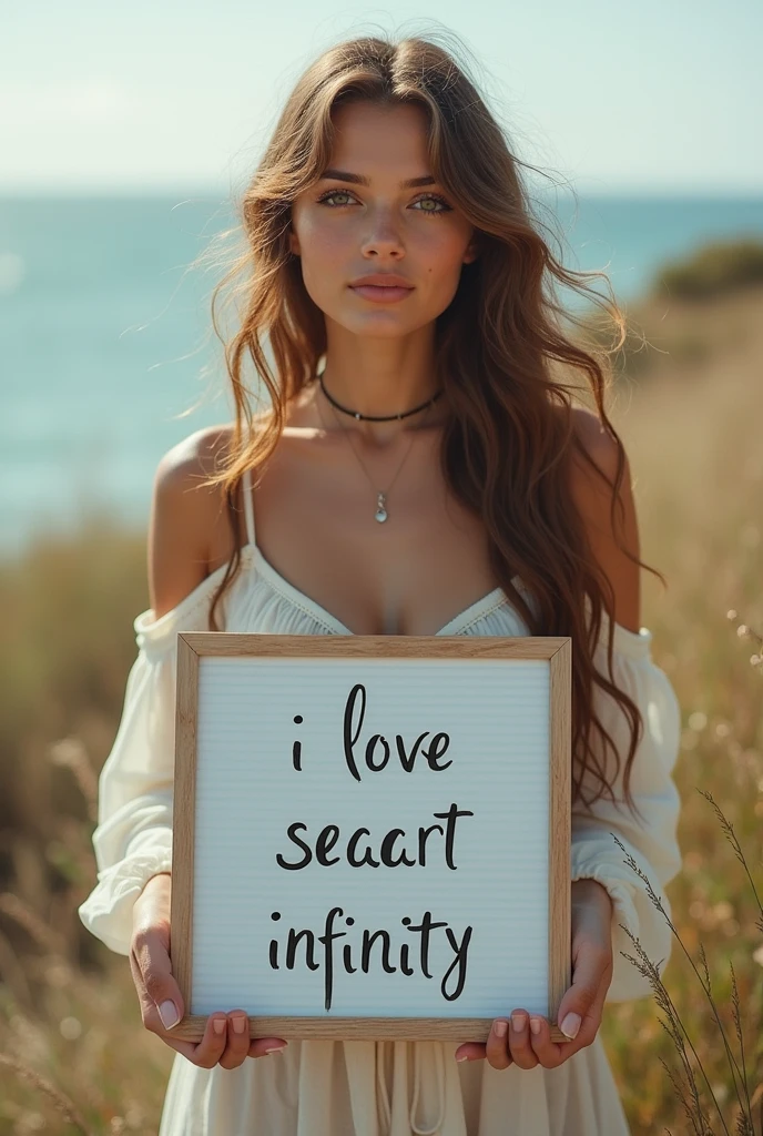 Beautiful girl with wavy long hair, bohemian dress, holding a white board with text "I Love Seaart Infinity" and showing it to the viewer