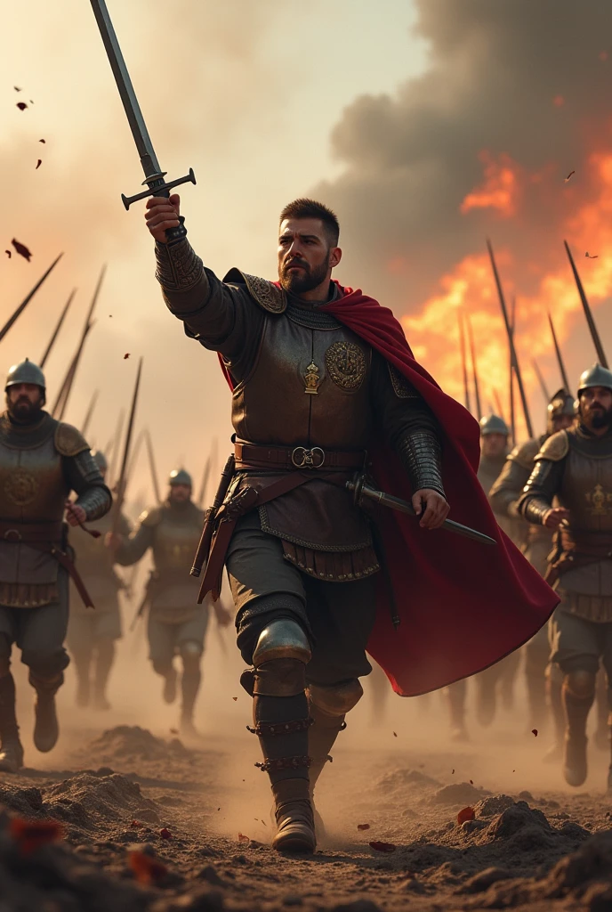 Medieval mercenary squad of 200 people led by a 2 man, He has short hair with shaved sides, Spanish nationality, He is raising a sword to the sky, He is right-handed, realistic image, There is movement, They are on a battlefield, They are running, there is fire behind, you see dust rising, small flying wood splinters