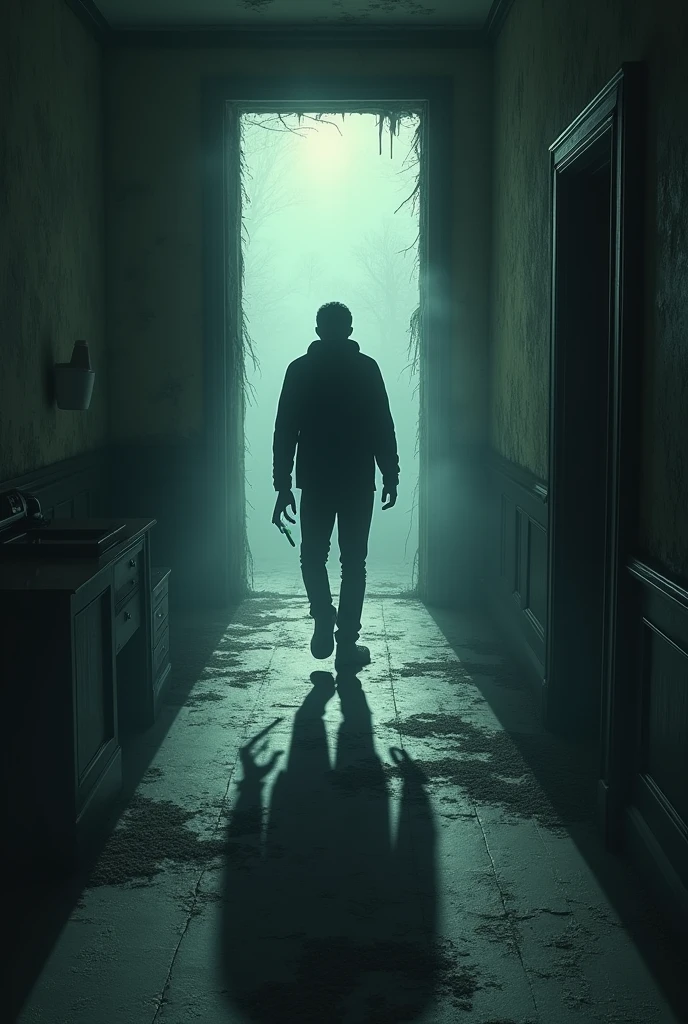 A view from behind Ravi as he walks deeper into the mansion. The cold air is visible as foggy breath, and the walls are lined with old, torn wallpaper. Ravi’s shadow stretches unnaturally long behind him, giving the impression that he is being followed by something unseen.
Size: 1024x1024