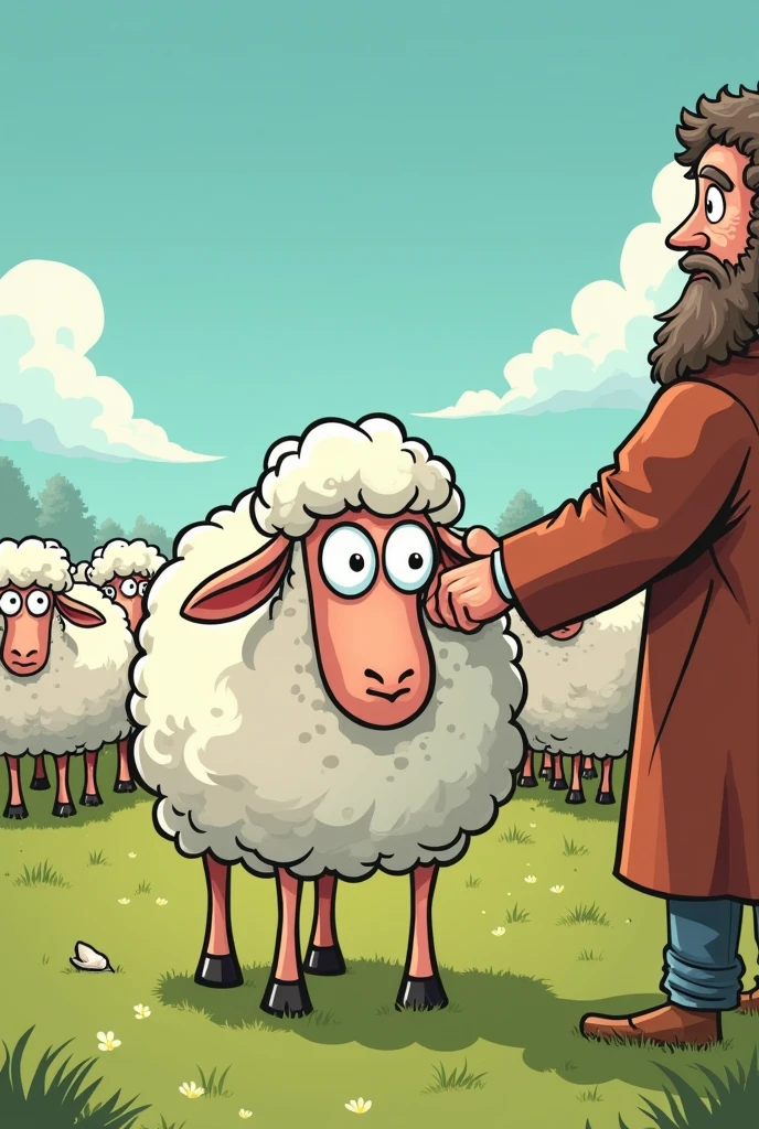 Sad sheep for being thrown out of the flock by the shepherd comic version in Spanish