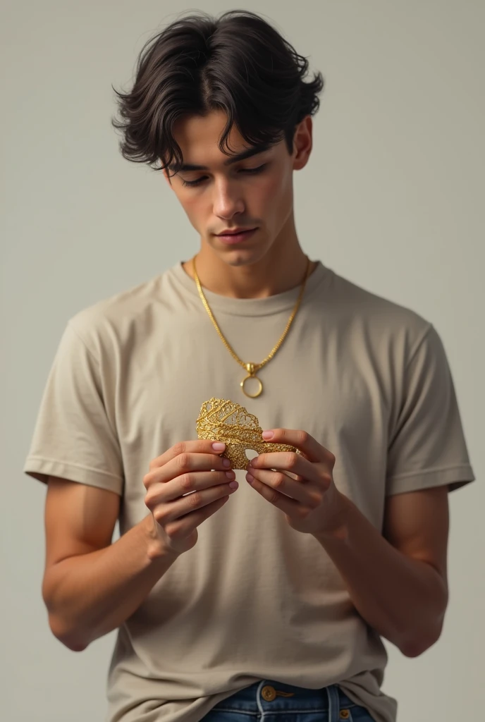 Young man, dressed casually, holding gold jewelry in hands, realistic image