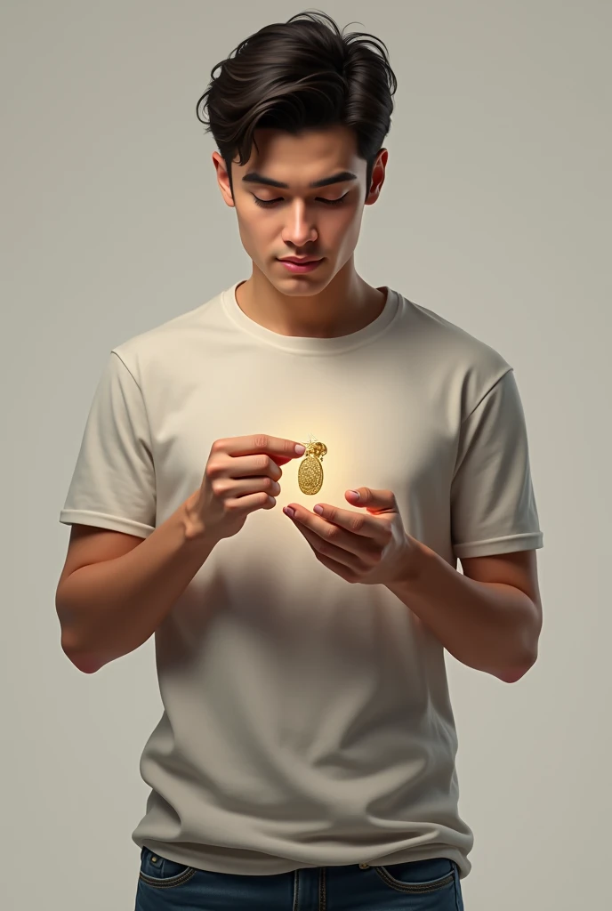 Young man, dressed casually, holding gold jewelry in hands, realistic image