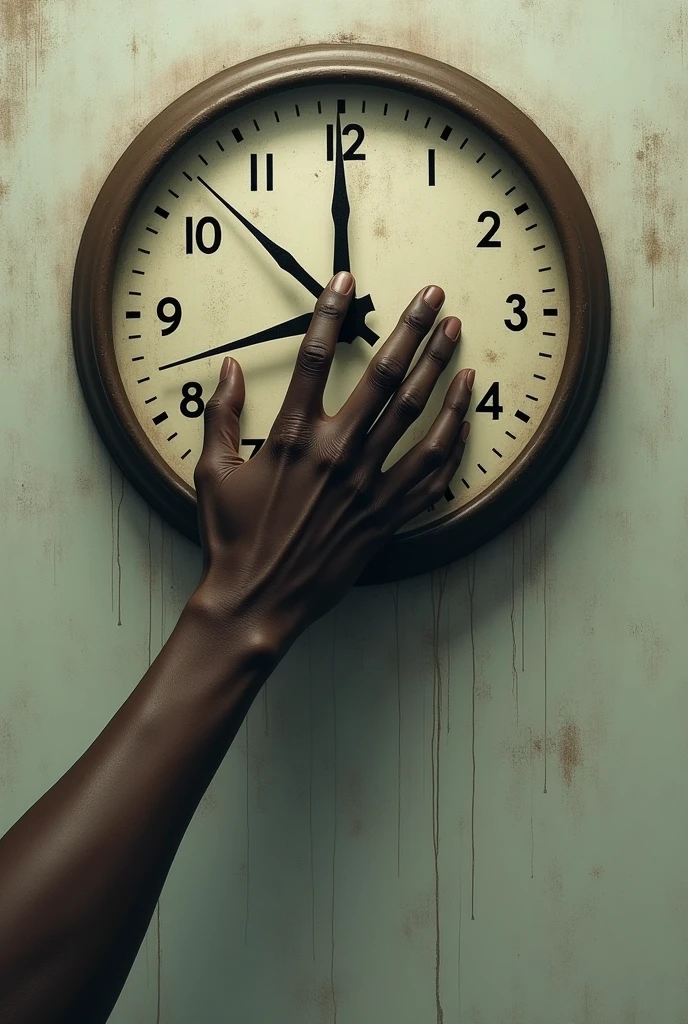 An African hand trying to grasp a slipping clock minute hand, illustrating their attempt to slow down or redeem time.