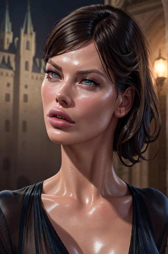 a beautiful woman, Milla Jovovich, intricate detailed face, piercing blue eyes, sharp cheekbones, full lips, long dark hair, elegant pose, cinematic lighting, dark dramatic atmosphere, fantasy medieval dress, castle in the background, dramatic mood, cinematic, digital art, award winning, highly detailed, 8k, photorealistic