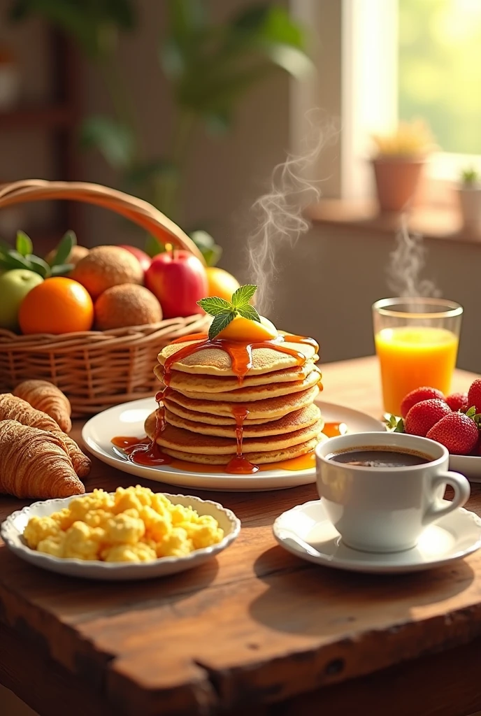 
"Create an image of a vibrant breakfast spread on a rustic wooden table. The setting should include a variety of breakfast items such as a bowl of fresh fruits (strawberries, blueberries, and bananas), a plate of scrambled eggs, a stack of golden pancakes drizzled with maple syrup, and a steaming cup of black coffee. Add a small glass of orange juice and a basket with freshly baked croissants and bread rolls. The backgrou