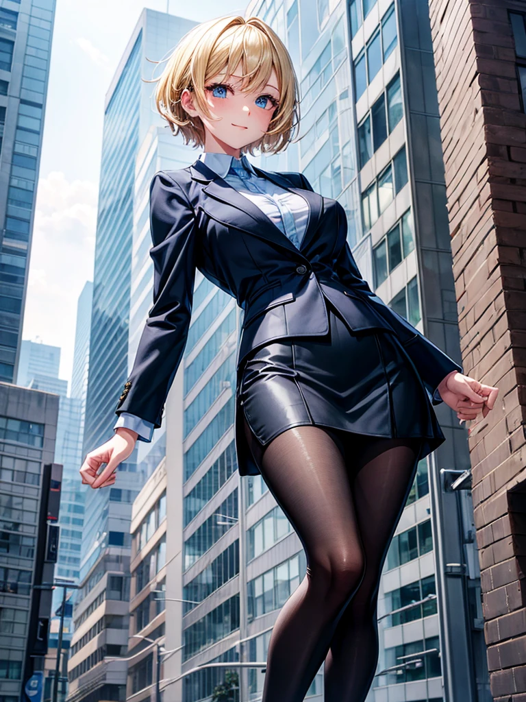Anime style, super fine illustration, highly detailed, beautiful detailed, perfect detailed, super high quality image, static representation, gentle expression, happy expression, the pretty image, super stylish, 8k, pretty 1girl with blonde straight short hair & blue eyes & a bright smile & full bust & soft fair skin is a career woman supervisor who is not to show her skin wearing big light blue business shirt & black summer tailored jacket & black tight skirt & black pantyhose on the urban business buildings street, in the morning, solo, perfect fingers, no more fingers, no less fingers, perfect arms, no more arms, perfect legs, no more legs, no more hair, masterpiece.