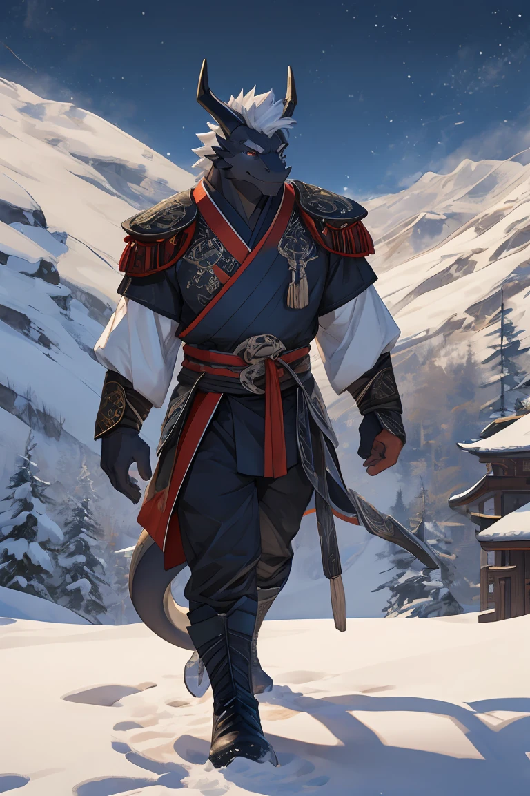 best quality，Ultra HD，Second Dimension，Alone，视角Close to the characters［Close to the characters：1.3］，Upper Body，The most exquisite eyes［The most exquisite eyes：2.1］，Snow mountain in the background，Lying on the snow［Lying on the snow：2.1］，There are no buildings，Snow is falling from the sky。male，Black Dragon，White hair，Tall body，old，The tail is white.，There are some black scales on the body，There are two brown horns on the head，Black eyes，Black military gloves，White heavy ancient style Hanfu，Black military pants［Black military gloves和Black military pants和wearing black combat boots：1.2］，wearing black combat boots