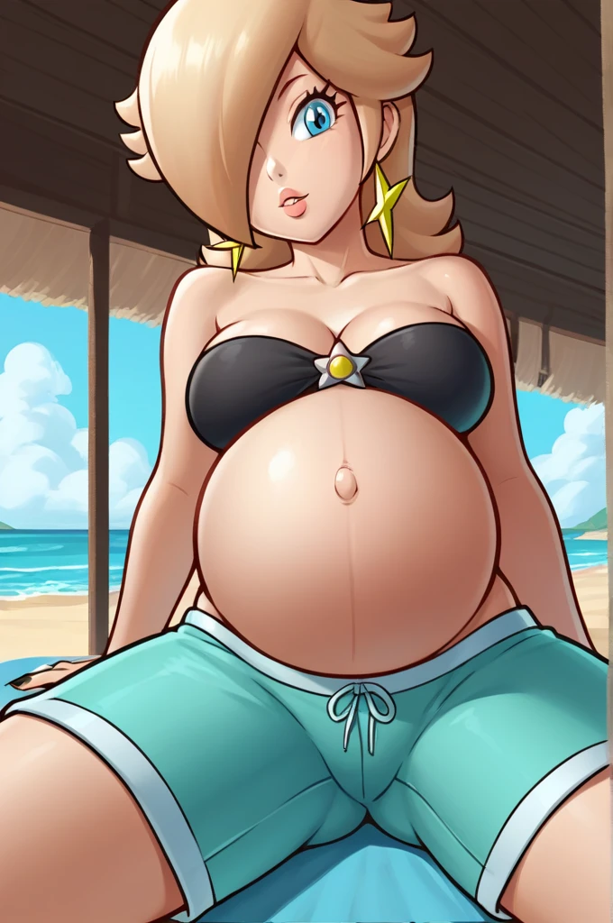 score_9, score_8_up, 1girl, solo, rosalina, style parody, thick outlines, black bikini, shorts, pregnant belly, sleeveless, strapless, cleavage, indoors, beach, front view, black nails