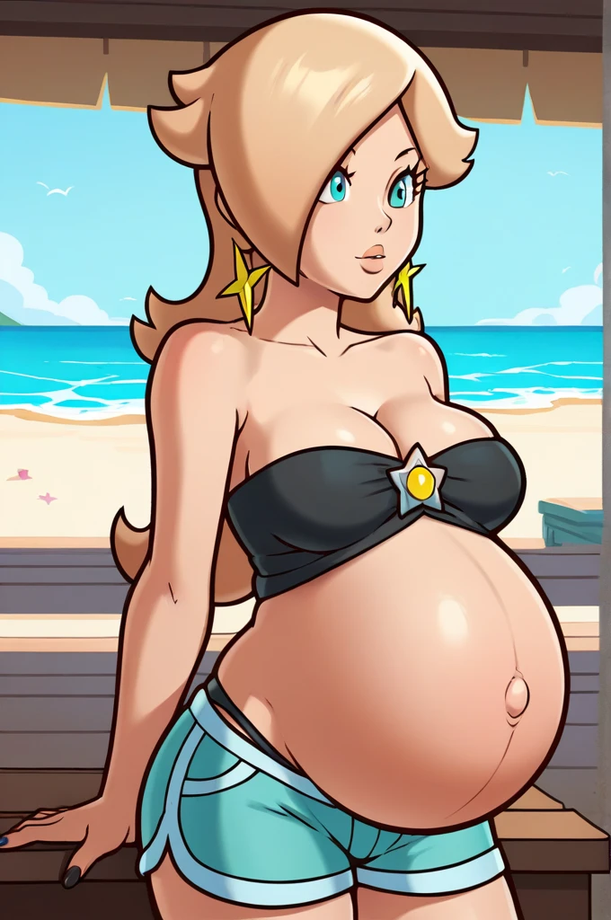 score_9, score_8_up, 1girl, solo, rosalina, style parody, thick outlines, black bikini, shorts, pregnant belly, sleeveless, strapless, cleavage, indoors, beach, front view, black nails