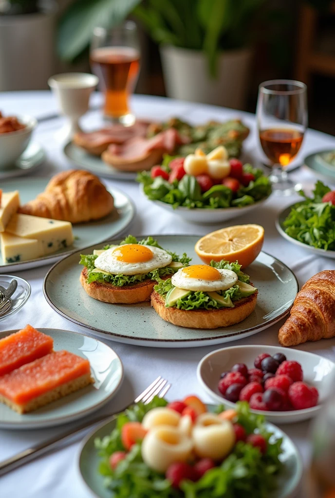 “Create an image of an elegant brunch setup, featuring a variety of gourmet breakfast and lunch items on a beautifully set table. Include dishes like avocado toast topped with poached eggs, smoked salmon with capers and cream cheese on a bagel, a fresh mixed greens salad with cherry tomatoes and a light vinaigrette, and a platter of assorted cheeses and cold cuts. Add a selection of fresh pastries, like buttery croissants and fruit tarts, alongside a bowl of mixed berries. Complement the scene w