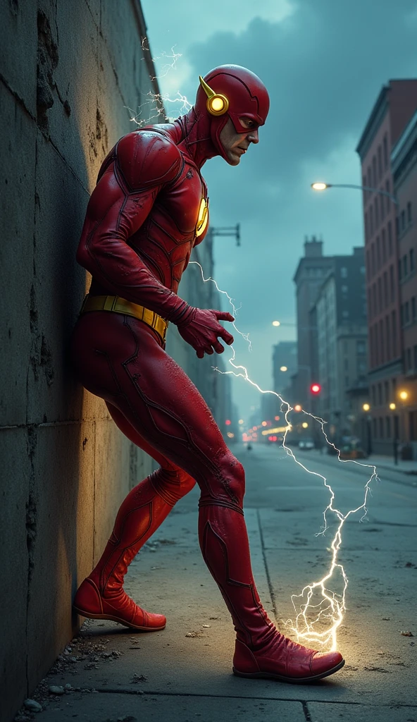 Old Flash, now slower, tries to run but stumbles. His lightning is dim and flickering. He catches his breath, leaning on a wall. Background: A deserted city street at dusk, the sky filled with ominous clouds. Narration: "The speedster's race against time... is coming to an end."