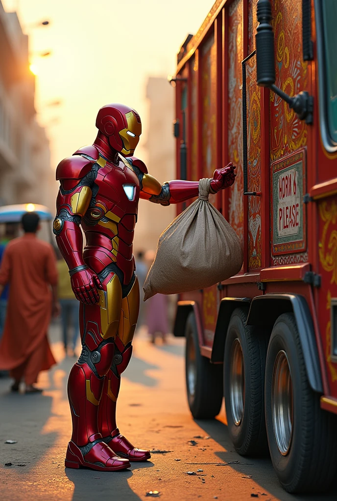 An Indian-inspired Iron Man in red and gold armor, standing by a colorful, traditional Indian garbage truck adorned with intricate patterns and bright decorations. He is seen grabbing a bag of trash from the ground with one hand and placing it into the truck with the other. The truck is detailed with 'Horn OK Please' signs and vibrant art. The scene is set on a lively Indian street, surrounded by shops, rickshaws, and people in traditional clothing, all bathed in the warm hues of an evening sunset.