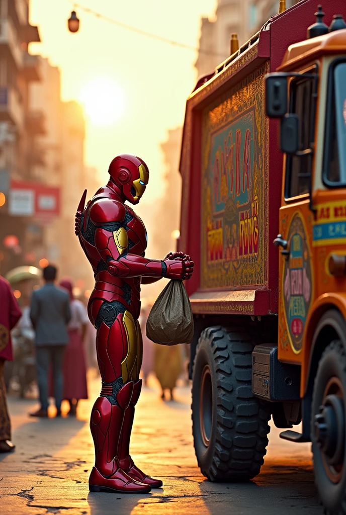 An Indian-inspired Iron Man in red and gold armor, standing by a colorful, traditional Indian garbage truck adorned with intricate patterns and bright decorations. He is seen grabbing a bag of trash from the ground with one hand and placing it into the truck with the other. The truck is detailed with 'Horn OK Please' signs and vibrant art. The scene is set on a lively Indian street, surrounded by shops, rickshaws, and people in traditional clothing, all bathed in the warm hues of an evening sunset.