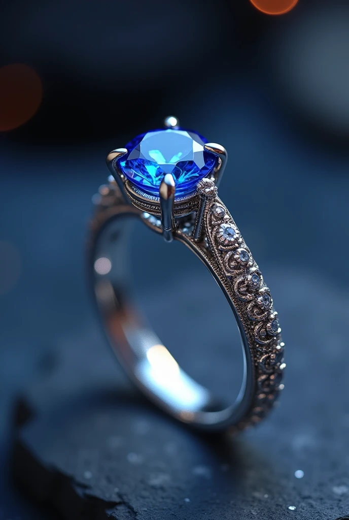 a beautiful detailed silver wedding ring with a blue sapphire diamond, the ring is thin and the diamond is not embedded, intricate engraved patterns, glowing inner light, ethereal atmospheric lighting, extremely detailed, 8k, photorealistic, studio lighting, physically-based rendering, vibrant colors, cinematic composition