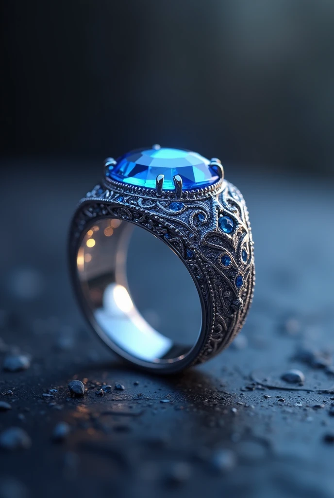 a beautiful detailed silver wedding ring with a blue sapphire diamond, the ring is thin and the diamond is not embedded, intricate engraved patterns, glowing inner light, ethereal atmospheric lighting, extremely detailed, 8k, photorealistic, studio lighting, physically-based rendering, vibrant colors, cinematic composition