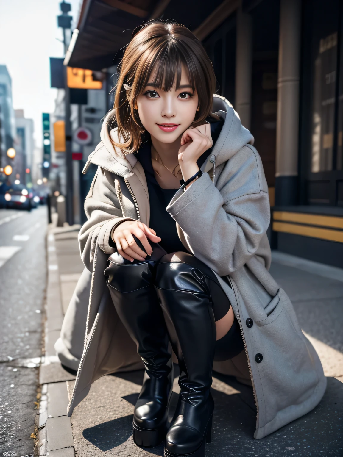 (masterpiece), (best quality, ultra-detailed, hyperdetailed, realistic), sharp features, highly detailed, sharp focus, Realistic, Photorealistic:1.3, perfect face, perfect symmetrically eyes, perfect lips, (no makeup), hyper detailed, hyper realistic, high resolution, Japanese model posing on the road, Fashion Model, (1:1.3), Slender, brown hair, Stylish, Beautiful Face, light brown hair, messy hair, diagonal bangs, (seductive smile), (looking at viewer), cinematic lighting, blurred background,
BREAK,
(black boots and a gray coat, wearing an oversized hoodie), (high boots, knee-high boots, over-knee boots, leather boots, platform boots),