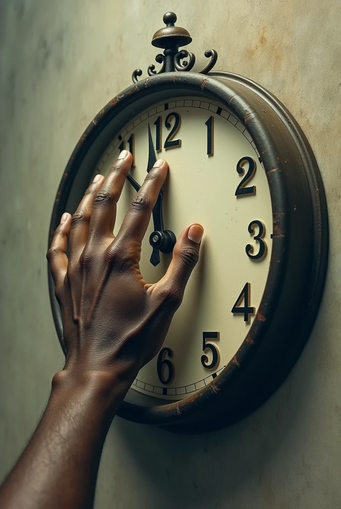 An African hand trying to grasp a slipping clock minute hand, illustrating their attempt to slow down or redeem time.