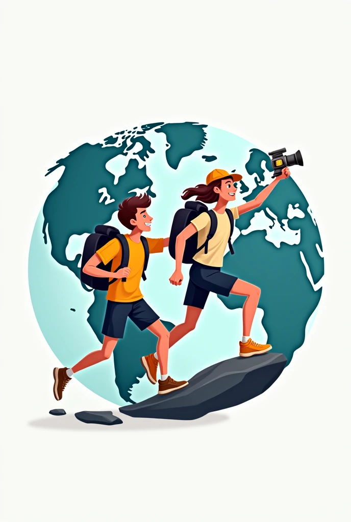 A logo consist of two boys travelling around the world and capturing movements being on top of the earth