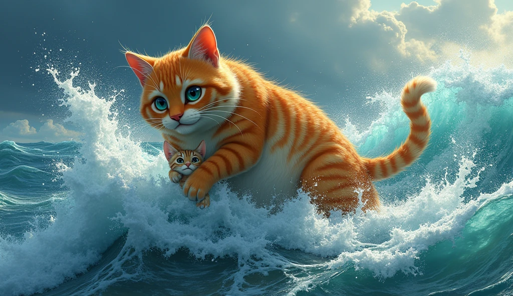 With one final push, Bella reached Luna and grabbed her gently by the scruff of the neck. Luna mewed softly, exhausted but reassured by her mother’s presence. The journey back to shore was tough; the waves seemed even more fierce as if trying to keep them from safety. Bella powered through, her strokes strong and steady, refusing to let the sea win.