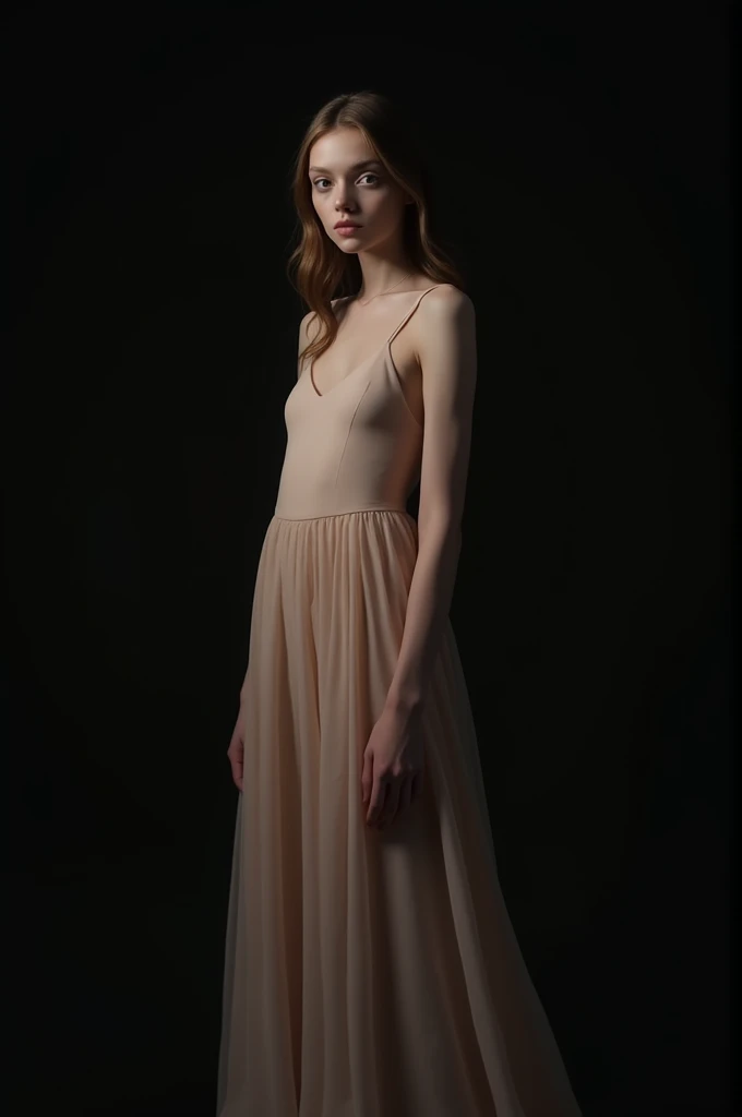 A girl who wear skin colour dress and see in camara abd background is black