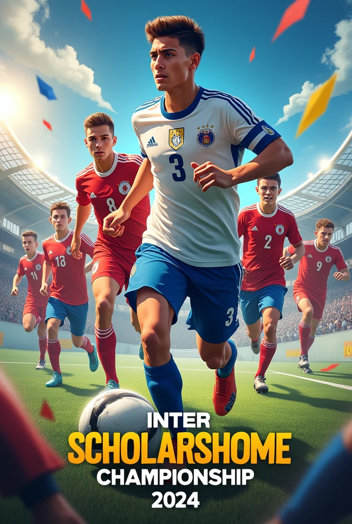 Make a poster about a Football tournament. 
Title: Inter Scholarshome Championship 2024 Coming soon... 

Use football related things as background (only boys)