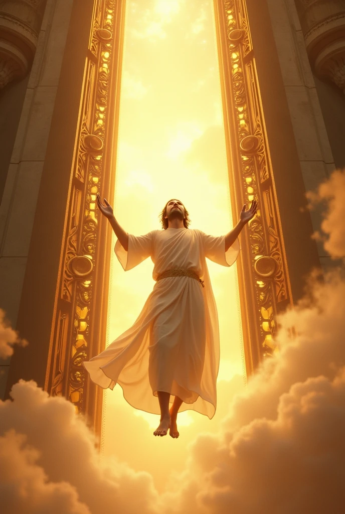 A man being taken up into heaven showing the golden heavenly portals according to the bible