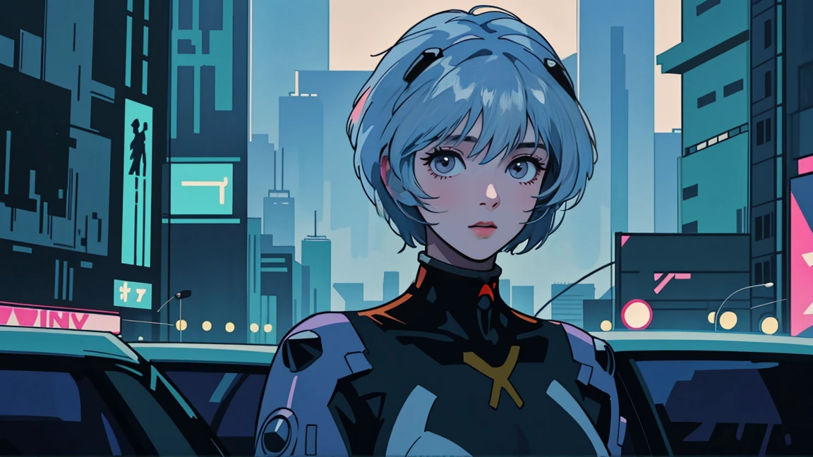 masterpiece, best quality, detailed, ((official style)), (((Rei Ayanami, 独奏))), /neon genesis evangelion/, (upper body), blue hair, short hair, bangs, red eyes, breasts, small breasts, white bodysuit, plugsuit, interface headset, pilot suit. Rainy night in a neon cyberpunk city,A sophisticated vehicle passes by, Neon sign flashing, Skyscrapers pierce the purplish blue sky. Despite being a bustling city, She stands alone,