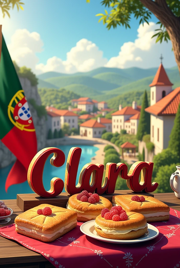 Create an image with a view of beautiful Portugal , a flag , cakes , the first name clara
