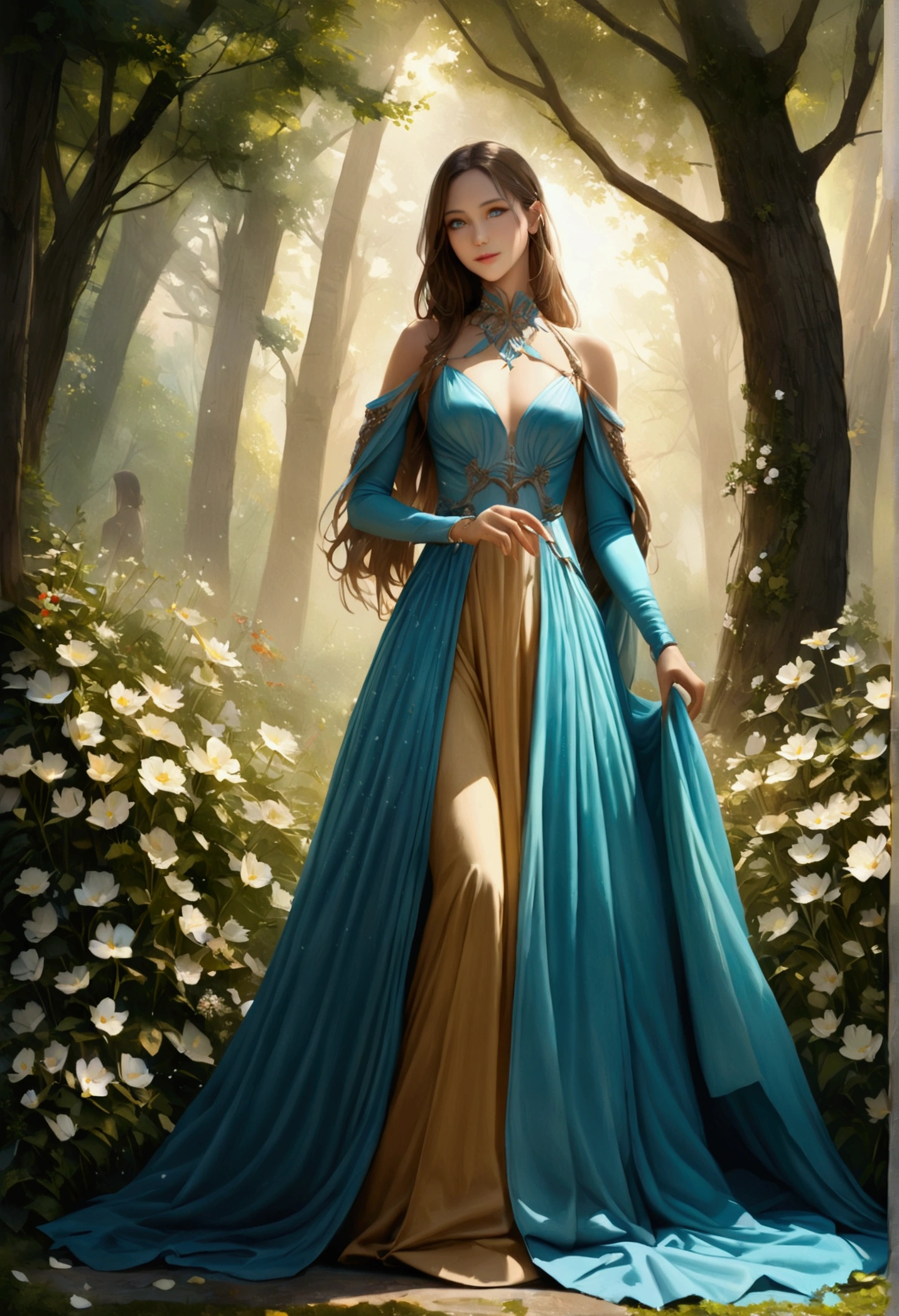 (Top Quality, 4k, 8k, Ultra High Resolution, Masterpiece), Ultra Detailed, (Realistic, Photorealistic), Under the mysterious galactic night sky, a woman with beautiful shining hair, vivid blue eyes, and mysterious pale fluorescent clothing, standing with graceful demeanor in a lush garden surrounded by blooming flowers and tall trees, a full-length figure, with long limbs, a look of happiness on her face, dancing gracefully in the mysterious light. Delicate dew drops on the petals create a hushed and enchanting atmosphere. A hint of a gentle breeze rustling through the leaves of the trees adds movement and a gentle sense of life to the scene. Her shining magical dress shines beautifully. Her skin kissed by the sparkle of stardust gives off a mysterious glow, her elegant posture, and the carefully selected accessories and jewelry that perfectly complement her outfit create an overall harmonious and fashionable look.