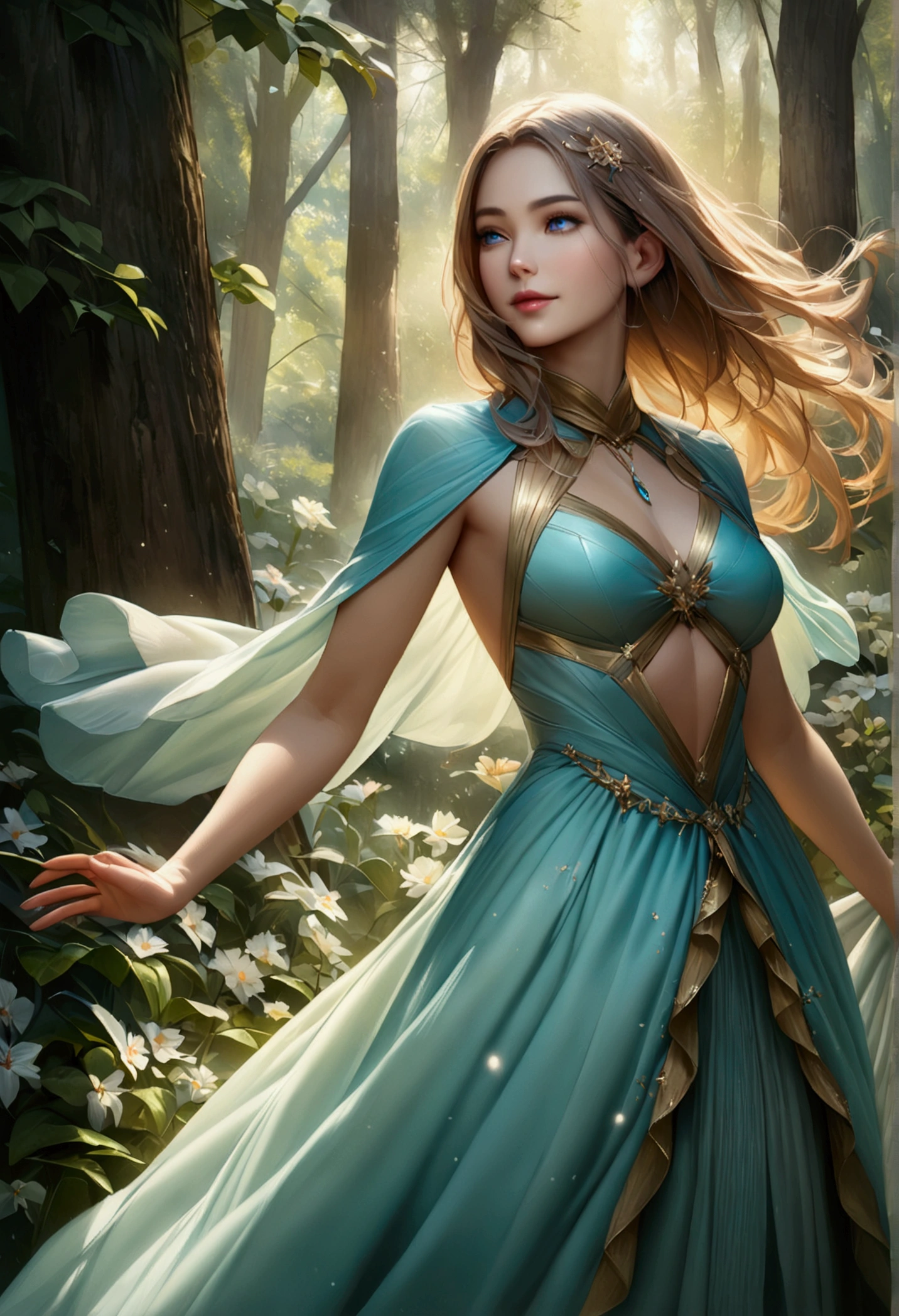 (Top Quality, 4k, 8k, Ultra High Resolution, Masterpiece), Ultra Detailed, (Realistic, Photorealistic), Under the mysterious galactic night sky, a woman with beautiful shining hair, vivid blue eyes, and mysterious pale fluorescent clothing, standing with graceful demeanor in a lush garden surrounded by blooming flowers and tall trees, a full-length figure, with long limbs, a look of happiness on her face, dancing gracefully in the mysterious light. Delicate dew drops on the petals create a hushed and enchanting atmosphere. A hint of a gentle breeze rustling through the leaves of the trees adds movement and a gentle sense of life to the scene. Her shining magical dress shines beautifully. Her skin kissed by the sparkle of stardust gives off a mysterious glow, her elegant posture, and the carefully selected accessories and jewelry that perfectly complement her outfit create an overall harmonious and fashionable look.