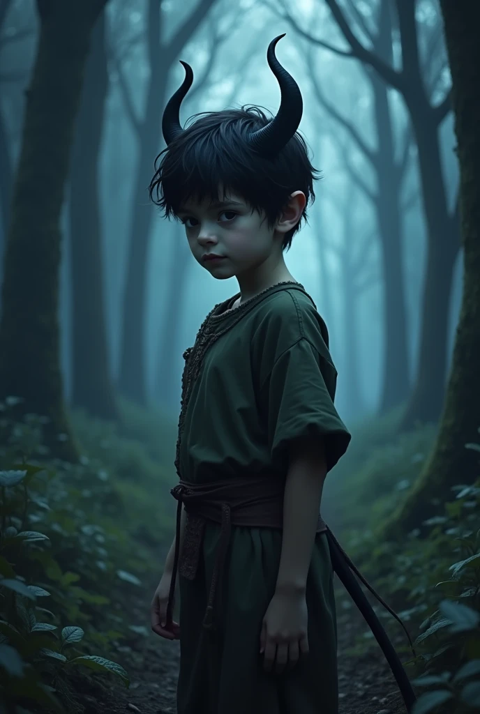 This picture shows only the chest and above. a boy of about , he had a rather cute face, long elf-like ears, black hair, and black eyes the color of crows. He had two devil horns growing out of his head, which were beautifully curved, as well as a devil tail that reached to the ground. He wore medieval villager clothing, and was in the middle of a dark, blue forest. He was standing with his back turned and facing left, with a light shining through his eyes.