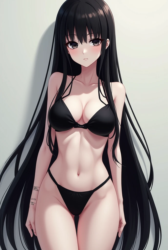 Generate image of a girl in a black bikini she should have extremely long shiny black straight hair they should go past her body length and have porcelain very white dead white skin sharp features thin lips black eyes very thin body long arms and legs no makeup in anime style