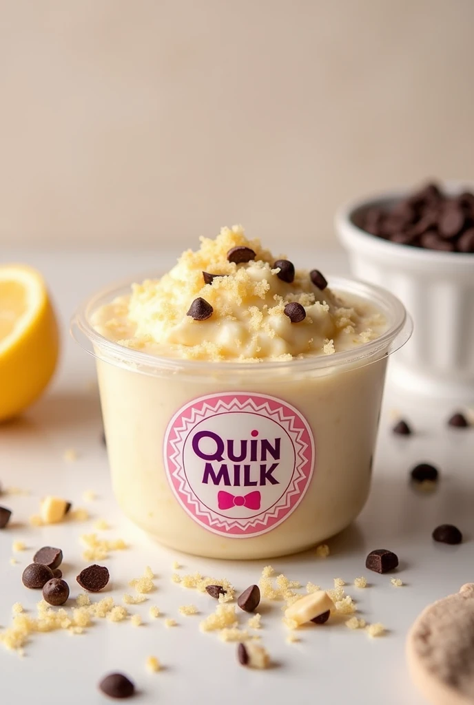 MY PRODUCT IS A DESSERT CALLED RICE PUDDING BUT WE REPLACE THE RICE WITH QUINOA OUR BRAND IS CALLED "QUINMILK" WE ADD TOPINS TO OUR PRODUCT AS DECORATION OF GRATED COCONUT OR CHOCOLATE CHIPS. We add little by little.QUINOA IS A PERUVIAN PRODUCT THAT CONTAINS MANY BENEFITS FOR OUR BODY. My product is in a plastic container Pamolsa Transparent Circular Container 7 oz. On the container is pasted the brand logo that says "QUINMILK" in a circular manner but in a zigzag is the logo with a white background and pink edges with a pink bow .

That&#39;s our product, I&#39;d like to improve it. ,Taking that image into account, I created one, and create the brand logo for me