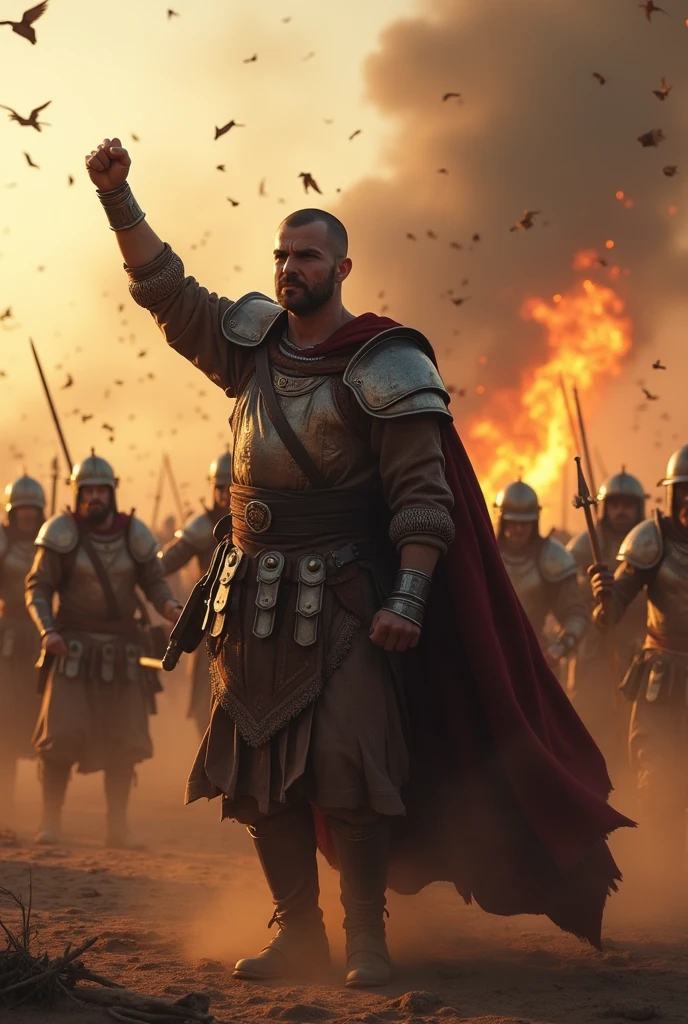 Medieval mercenary squad of 200 people led by a 2 man, He has short hair with shaved sides, Spanish nationality, He is raising a sword to the sky, He is right-handed, has no cape, realistic image, There is movement, They are on a battlefield, They are running, there is fire behind, you see dust rising, small flying wood splinters