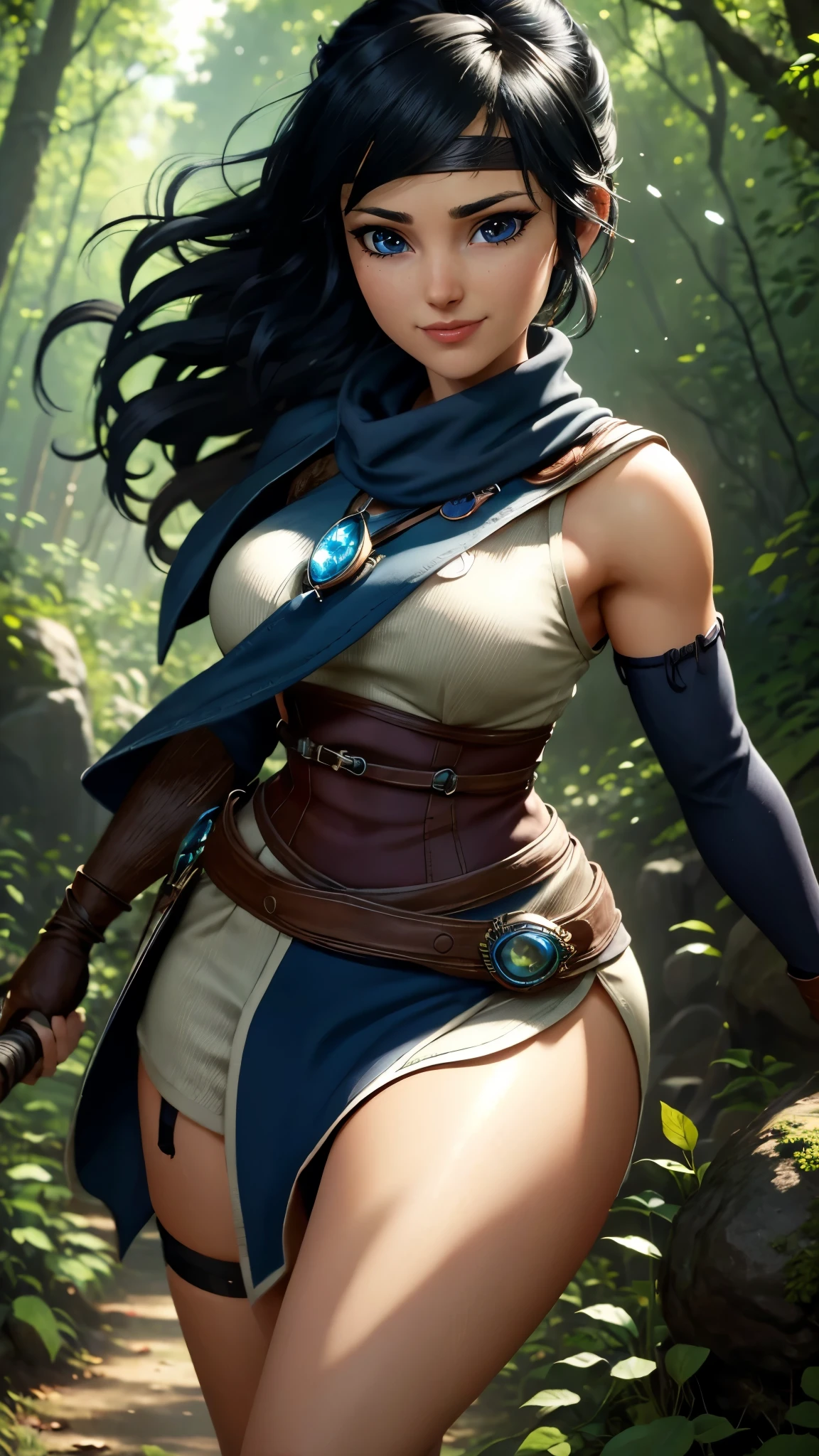 Kena da bridge of spirits,(best qualityer,4K,8k,high resolution,work of art:1.2)(weather: windy), cowboy shot,spirit forest background, long curly hair, tribal cropped top, long bodycon dress, thigh high stockings, garter belt, magic scepter, headband, gloves, harness corset, uncovered belly, ultra detailed,realisitic,beautiful detailed blue eyes,beautiful detailed lips,extremely detailed eye and face, long eyelashes,sexly,average,large breasts,flying hair,beaming smile,powerful girl in a forest, sexy pose,stunning curves,bright coloured,dramatic lighting,composition,