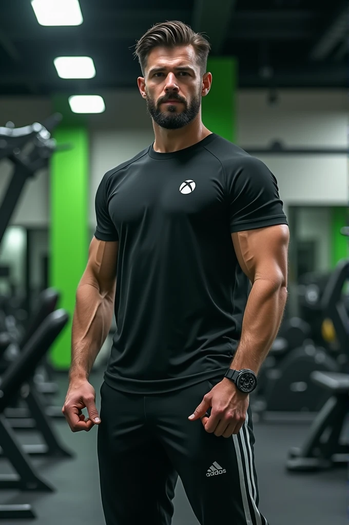 A photorealistic image shot with Sony mirrorless camera, DSLR, 50mm lens f/2.8, ultra detailed, 8k.
The image is of a 4 male gamer with beard and mustache and slickback hair. The man is working out at the gym. He's about 190cm tall, 103 kilos, newbie at the gym. He's a gamer so he's wearing an Xbox t-shirt and Adidas pants 