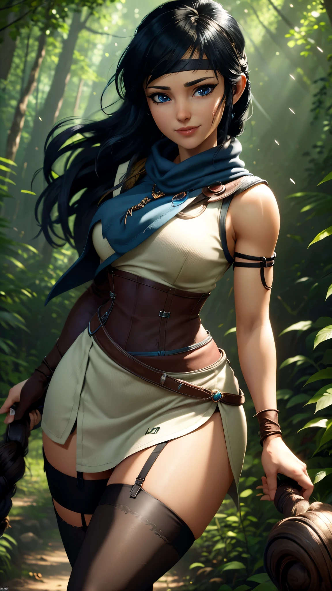 Kena da bridge of spirits,(best qualityer,4K,8k,high resolution,work of art:1.2)(weather: windy), cowboy shot,spirit forest background, long curly hair, tribal cropped top, long bodycon dress, thigh high stockings, garter belt, magic scepter, headband, gloves, harness corset, uncovered belly, ultra detailed,realisitic,beautiful detailed blue eyes,beautiful detailed lips,extremely detailed eye and face, long eyelashes,sexly,average,large breasts,flying hair,beaming smile,powerful girl in a forest, sexy pose,stunning curves,bright coloured,dramatic lighting,composition,