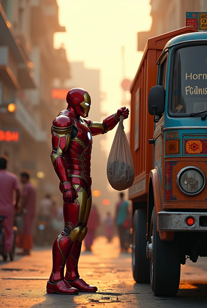 An Indian-inspired Iron Man in red and gold armor, standing by a colorful, traditional Indian garbage truck adorned with intricate patterns and bright decorations. He is seen grabbing a bag of trash from the ground with one hand and placing it into the truck with the other. The truck is detailed with 'Horn OK Please' signs and vibrant art. The scene is set on a lively Indian street, surrounded by shops, rickshaws, and people in traditional clothing, all bathed in the warm hues of an evening sunset.