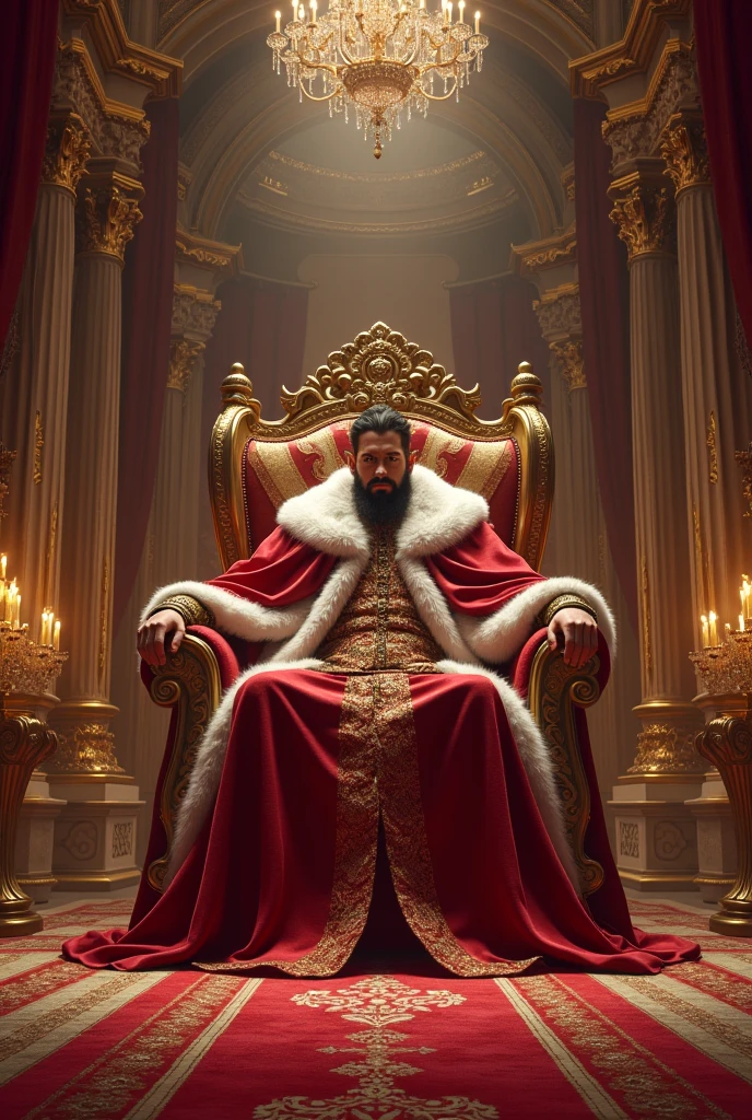 A grand, opulent palace with high ceilings, chandeliers, and richly decorated interiors. The king is sitting on a lavish throne, dressed in royal attire, surrounded by luxurious items like golden ornaments, velvet drapes, and plush carpets.