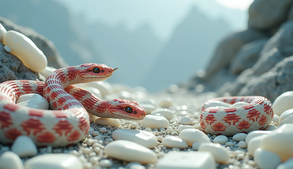There are many white jades and pit vipers with spikes on their noses between red and white rings on the mountain.(best quality,4K,8k,High level,masterpiece:1.2),Ultra Detailed,(lifelike,Photo real,Photo real:1.37)