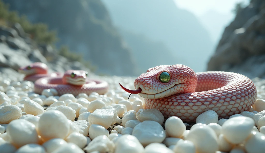 There are many white jades and pit vipers with spikes on their noses between red and white rings on the mountain.(best quality,4K,8k,High level,masterpiece:1.2),Ultra Detailed,(lifelike,Photo real,Photo real:1.37)