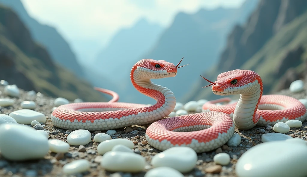 There are many white jades and pit vipers with spikes on their noses between red and white rings on the mountain.(best quality,4K,8k,High level,masterpiece:1.2),Ultra Detailed,(lifelike,Photo real,Photo real:1.37)