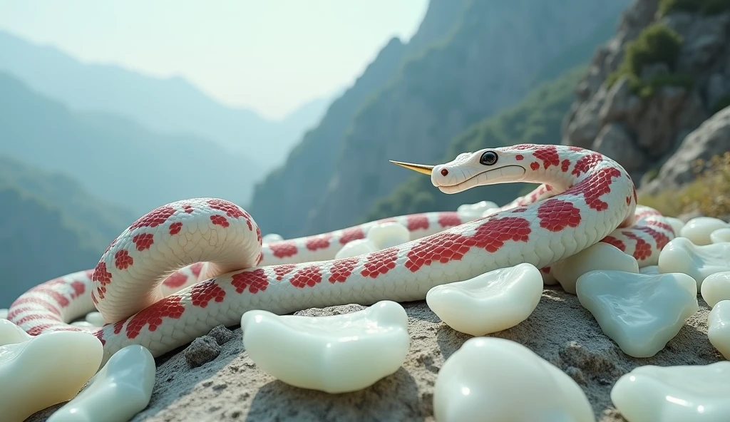 There are many white jades and pit vipers with spikes on their noses between red and white rings on the mountain.（best quality，4K，8k，High level，masterpiece：1.2），Ultra Detailed，（lifelike，Photo real，Photo real：1.37）
