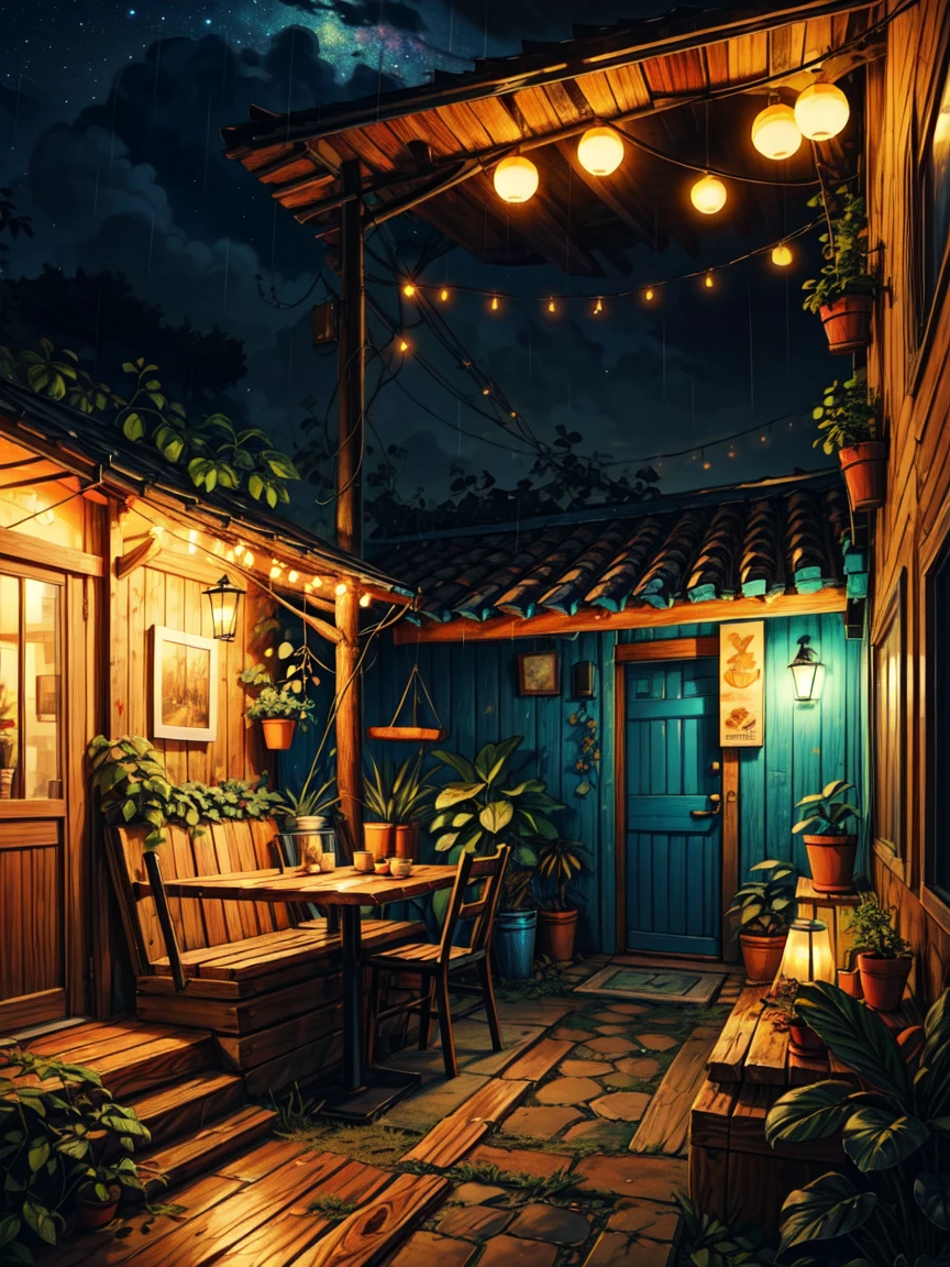 wide view, beautiful interiors of a cozy cafe, wooden log furniture, orange string lights, leafy tropical plant pots, gypsy aesthetics, blue walls, earthy tones, decorations, cozy atmosphere, night time, starry sky visible from sky, micro landscape, day time, shade of shed, intrinsic details, heavy rainning