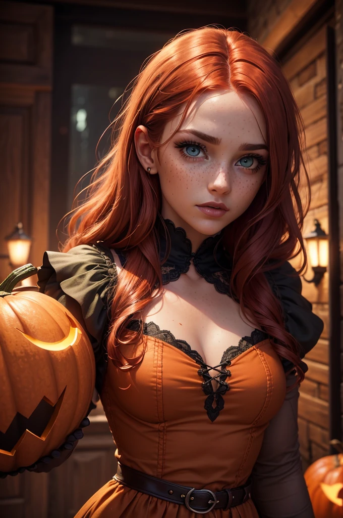girl, sexy, red hair, freckles, green eyes, dressed as a pumpkin, trick or treating, halloween, city, home garden, decorations, night, (best quality,4k,8k,highres,masterpiece:1.2),ultra-detailed,(realistic,photorealistic,photo-realistic:1.37),detailed facial features,beautiful detailed eyes,beautiful detailed lips,extremely detailed eyes and face,long eyelashes,vibrant colors,dramatic lighting,cinematic,fantasy,whimsical