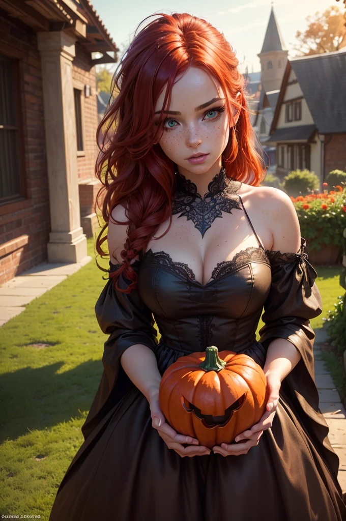 girl, sexy, red hair, freckles, green eyes, dressed as a pumpkin, trick or treating, halloween, city, home garden, decorations, night, (best quality,4k,8k,highres,masterpiece:1.2),ultra-detailed,(realistic,photorealistic,photo-realistic:1.37),detailed facial features,beautiful detailed eyes,beautiful detailed lips,extremely detailed eyes and face,long eyelashes,vibrant colors,dramatic lighting,cinematic,fantasy,whimsical