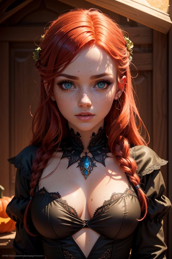 girl, sexy, red hair, freckles, green eyes, dressed as a pumpkin, trick or treating, halloween, city, home garden, decorations, night, (best quality,4k,8k,highres,masterpiece:1.2),ultra-detailed,(realistic,photorealistic,photo-realistic:1.37),detailed facial features,beautiful detailed eyes,beautiful detailed lips,extremely detailed eyes and face,long eyelashes,vibrant colors,dramatic lighting,cinematic,fantasy,whimsical