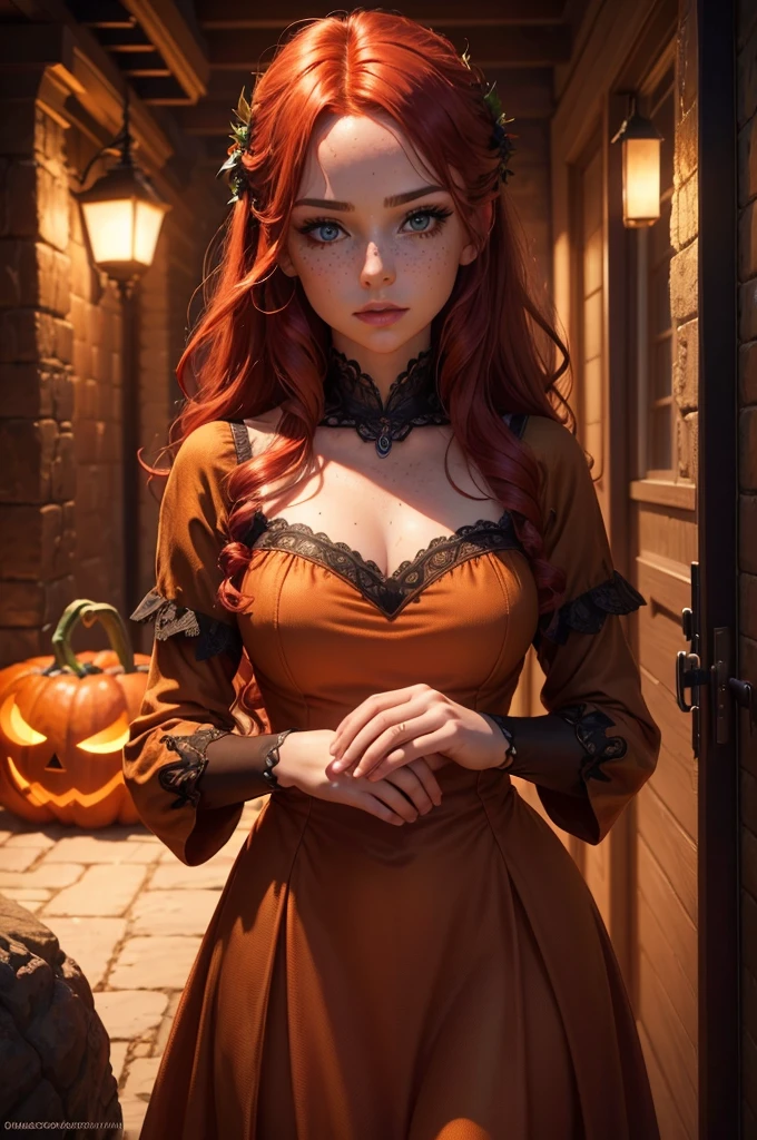 a halloween-themed girl with red hair and freckles, green eyes, dressed as a witch or other halloween character, trick-or-treating in a city neighborhood with decorated houses and garden at night, (best quality,4k,8k,highres,masterpiece:1.2),ultra-detailed,(realistic,photorealistic,photo-realistic:1.37),portrait,highly detailed face,beautiful detailed eyes,beautiful detailed lips,extremely detailed eyes and face,longeyelashes,night scene,city street,decorated house,jack-o-lanterns,led lights,fog,moody atmosphere,dramatic lighting,vivid colors,intricate details